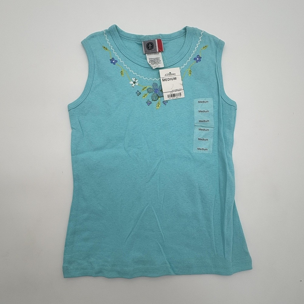 Arizona Jean Co. Tank Top Girls 10-12 Blue Floral‎ Embroidered Knit Sleeveless